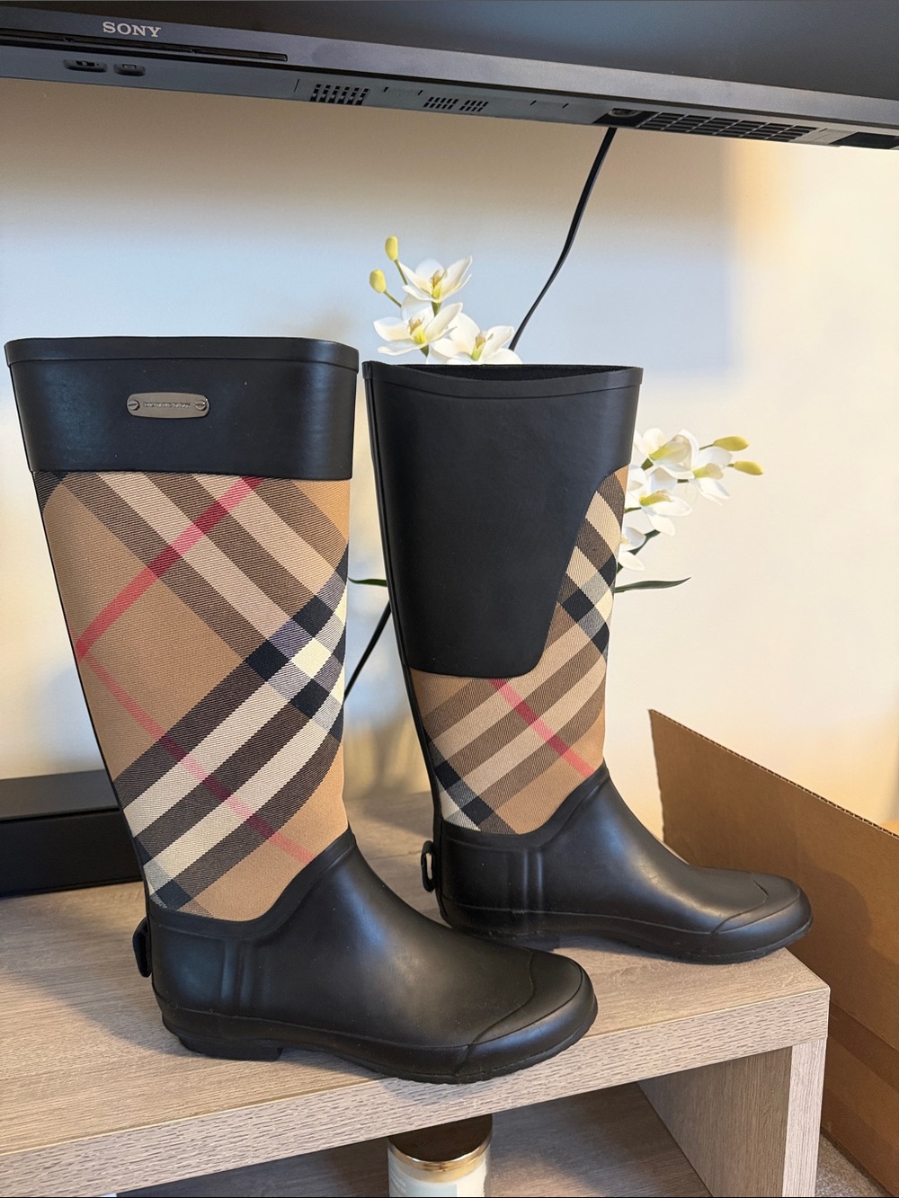Burberry Tan Plaid Rain Boots with Black Trim - Picture 2 of 3